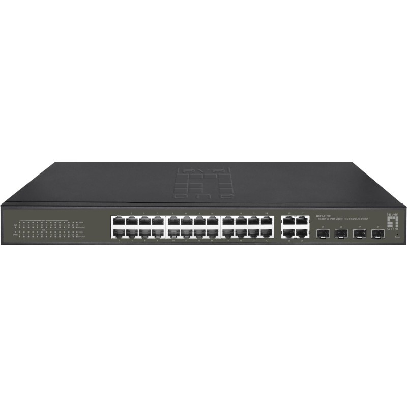 LevelOne Hilbert 28-Port Gigabit PoE Smart Lite Switch - 24 PoE Ausgänge - 4 x Gigabit SFP/RJ45 Combo - 802.3at/af PoE - 380W P