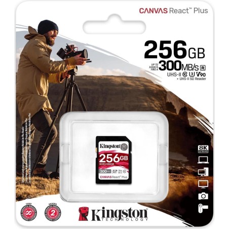 Kingston Canvas React Plus - Flash-Speicherkarte - 256GB - Video Class V90 / UHS-II U3 / Class10 - SDXC UHS-II (SDR2/256GB)