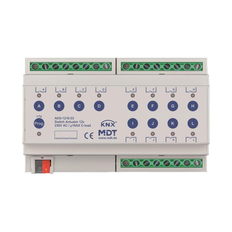 MDT - Schaltaktor 12-fach 8TE REG 230VAC 16A C-Last 140uF (AKS-1216.03)