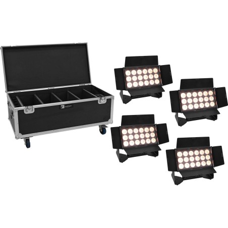 EUROLITE Set 4x AKKU Multiflood IP 18x10W RGBW Wash CRMX + Case mit Rollen (20001034)