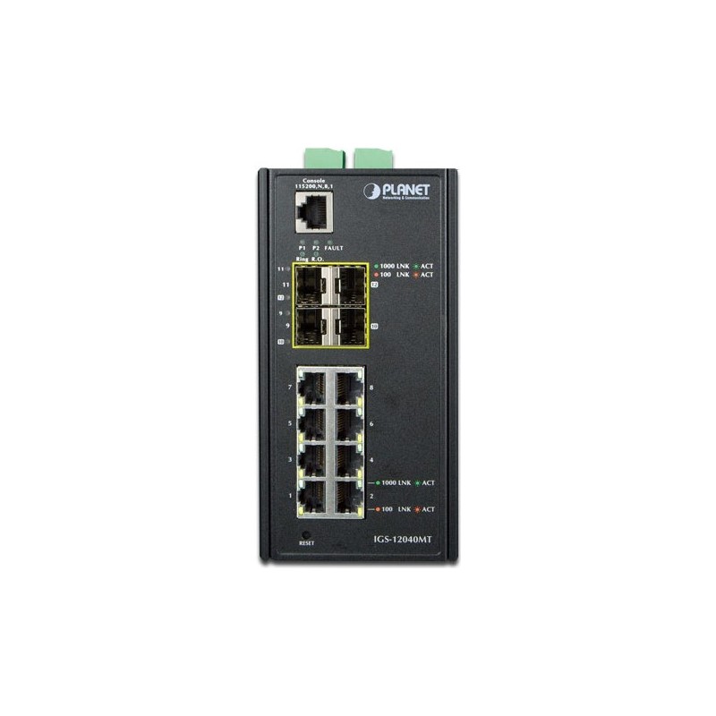 PLANET IGS-12040MT - Switch - verwaltet - 8 x 10/100/1000 + 4 x Gigabit SFP - an DIN-Schiene montierbar, wandmontierbar - AC 24