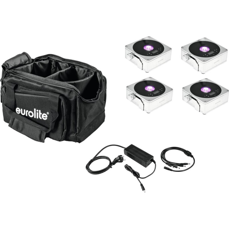 EUROLITE Set 4x AKKU IP Flat Light 1 chrom + Soft-Bag + Ladegerät (20000444)