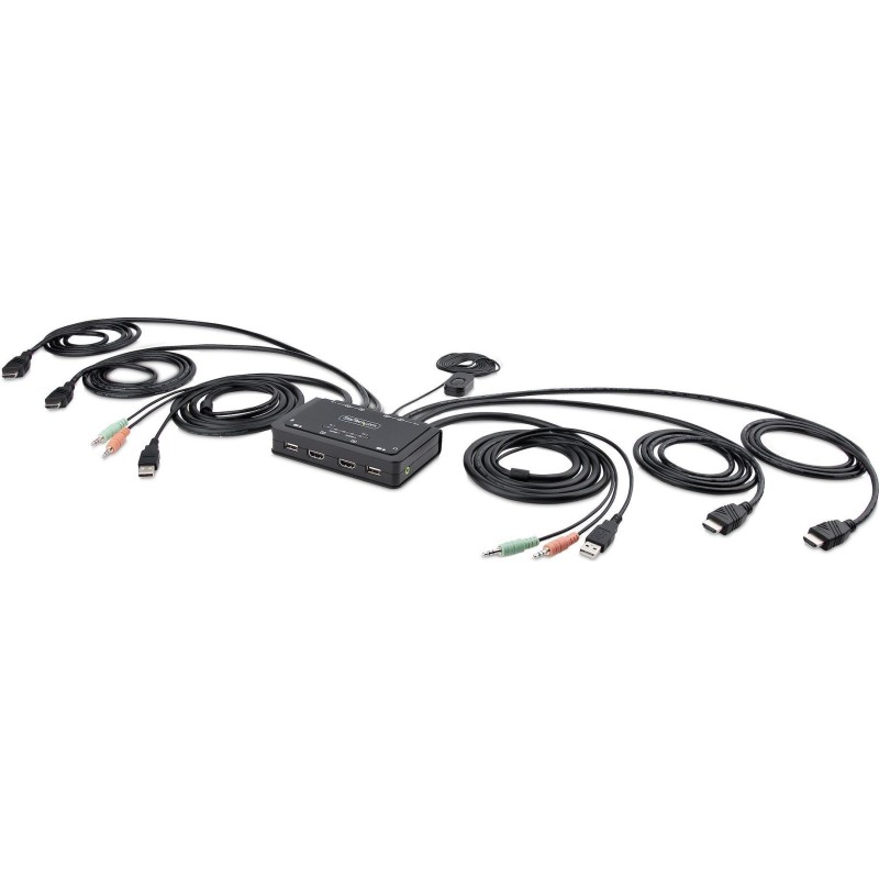 StarTech.com 2-Port Dual-Monitor HDMI Cable KVM Switch, 4K 60Hz, Compact KVM with 5ft/1,5m USB-A/HDMI/Audio Integrated Cables,