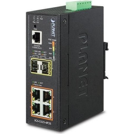 PLANET IGS-5225-4P2S - Switch - L2+ - managed - 4 x 10/100/1000 (PoE+) + 2 x 1000Base-X SFP - an DIN-Schiene montierbar - PoE+