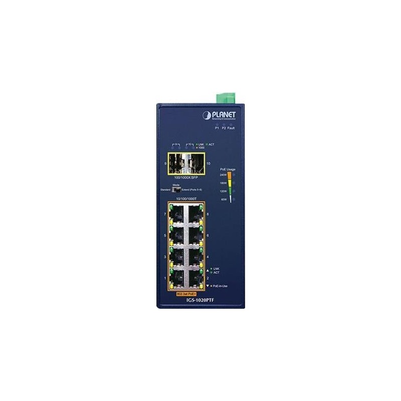 PLANET IGS-1020PTF - Switch - unmanaged - 8 x 10/100/1000 (PoE+) + 2 x Gigabit SFP - an DIN-Schiene montierbar, wandmontierbar