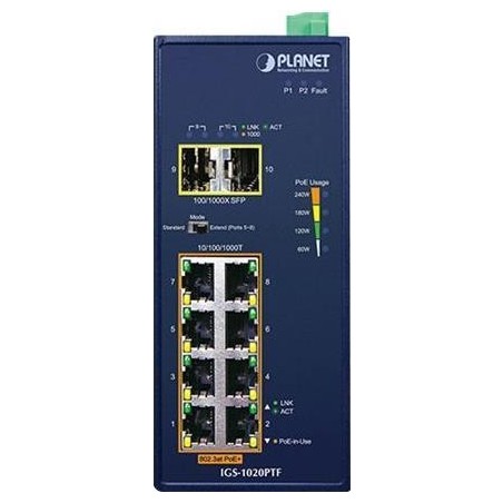 PLANET IGS-1020PTF - Switch - unmanaged - 8 x 10/100/1000 (PoE+) + 2 x Gigabit SFP - an DIN-Schiene montierbar, wandmontierbar