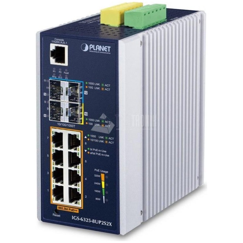 PLANET IP30 DIN-rail Industrial L3 8P Managed Gigabit Ethernet (10/100/1000) Aluminium - Blau (IGS-6325-8UP2S2X)