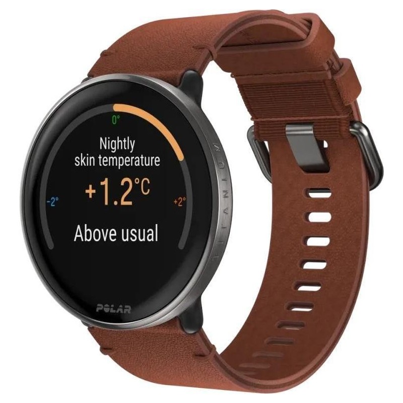 Smartwatch Polar Ignite 3 Titanium, Größe S-L, schwarzes Gehäuse mit braunem Lederarmband (zusätzlich ist ein schwarzes Silikon