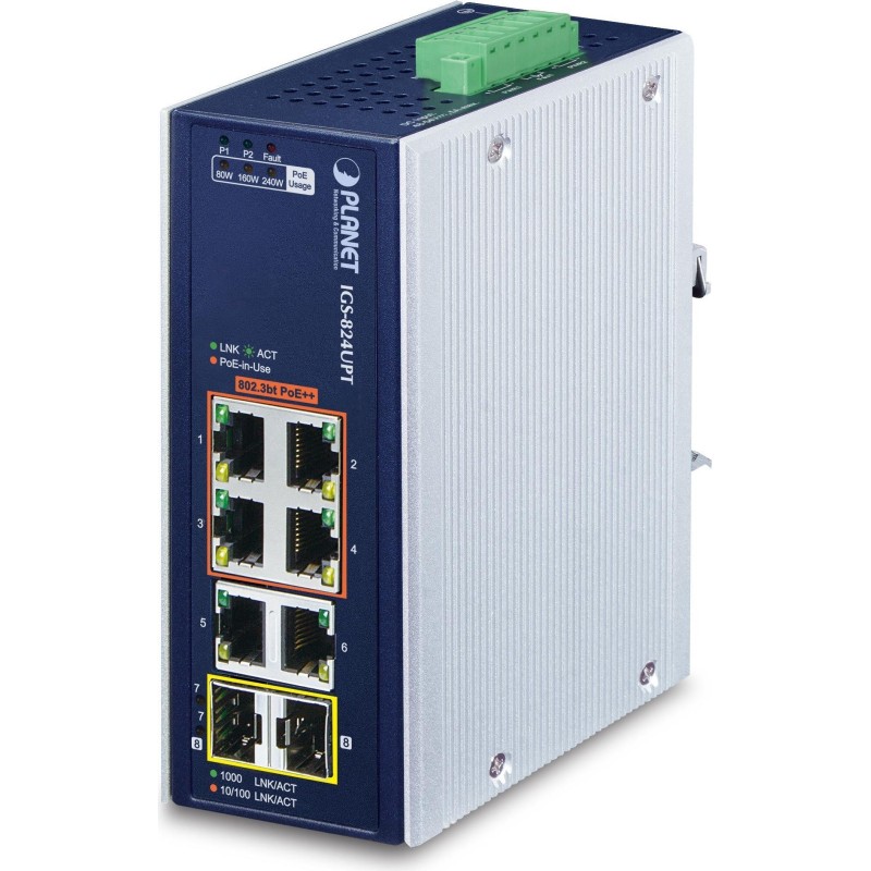 PLANET IP30 Industrial 4-Port Power over Ethernet (PoE) Blau - Weiß (IGS-824UPT)