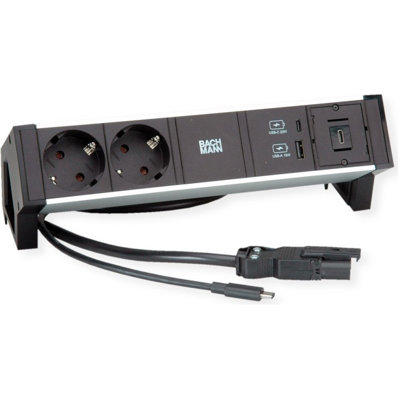 Bachmann DESK2 ALU BLACK 2xCEE7/3 1.0m 1xUSBCharger A/C 22W 1xUSB C (937.3410)