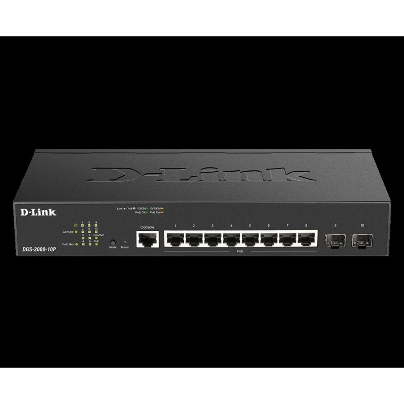 D-Link DGS 2000-10P - Switch - L3 - managed - 8 x 10/100/1000 (PoE+) + 2 x Fast Ethernet/Gigabit SFP, kombiniert - an Rack mont