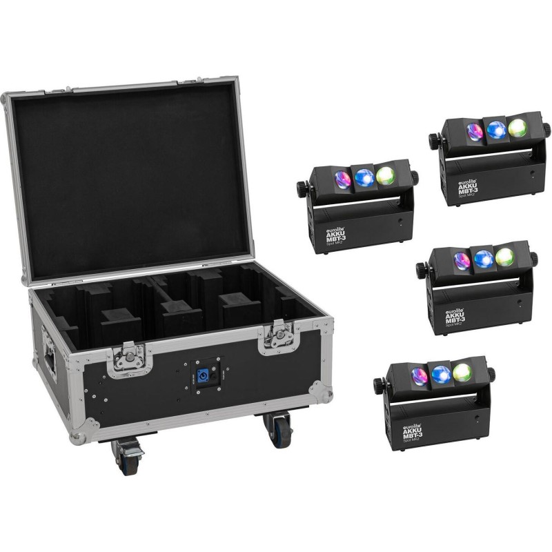 EUROLITE Set 4x AKKU MBT-3 Spot MK2 LED Uplight + Flightcase Rollen Ladebox