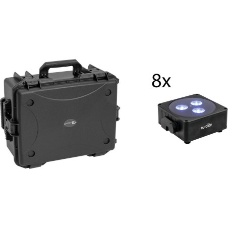 EUROLITE Set 8x AKKU Flat Light 3 sw + Kunststoffcase mit Trolley RGBW LED QuickDMX