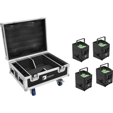 EUROLITE Set 4x AKKU IP UP-4 QCL Spot QuickDMX MK2 IP65 + Flightcase Rollen Ladefunktion